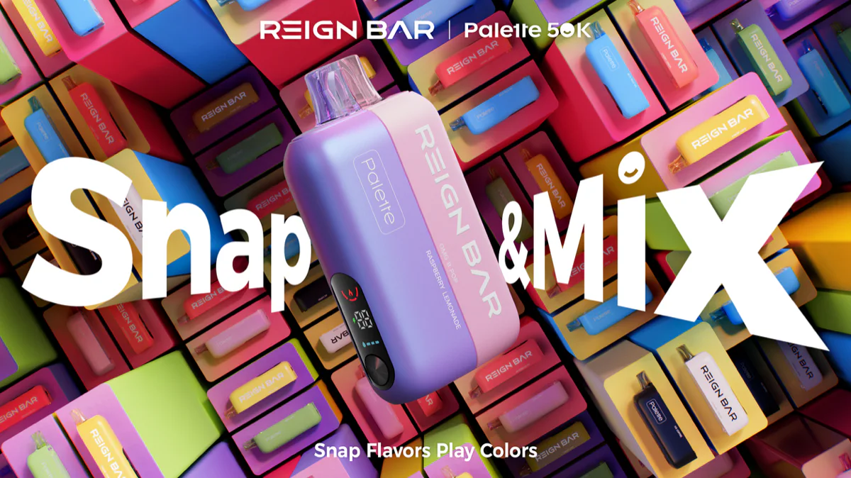 REIGN BAR MIX 25K Zero Nicotine — a single Palette pod on a wall of REIGN BAR devices, 0 mg and 25,000 puffs